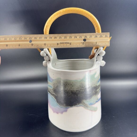 Studio Art Pottery Basket Vase With Wood Handle Artist Signed Ceramic Vintage - Picture 4 of 16